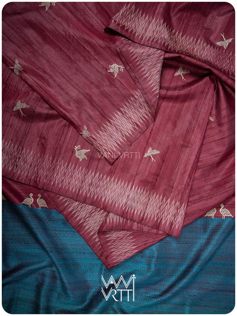 Deep Wine Chilika Master Weave Exclusive Handspun Tussar Silk Saree