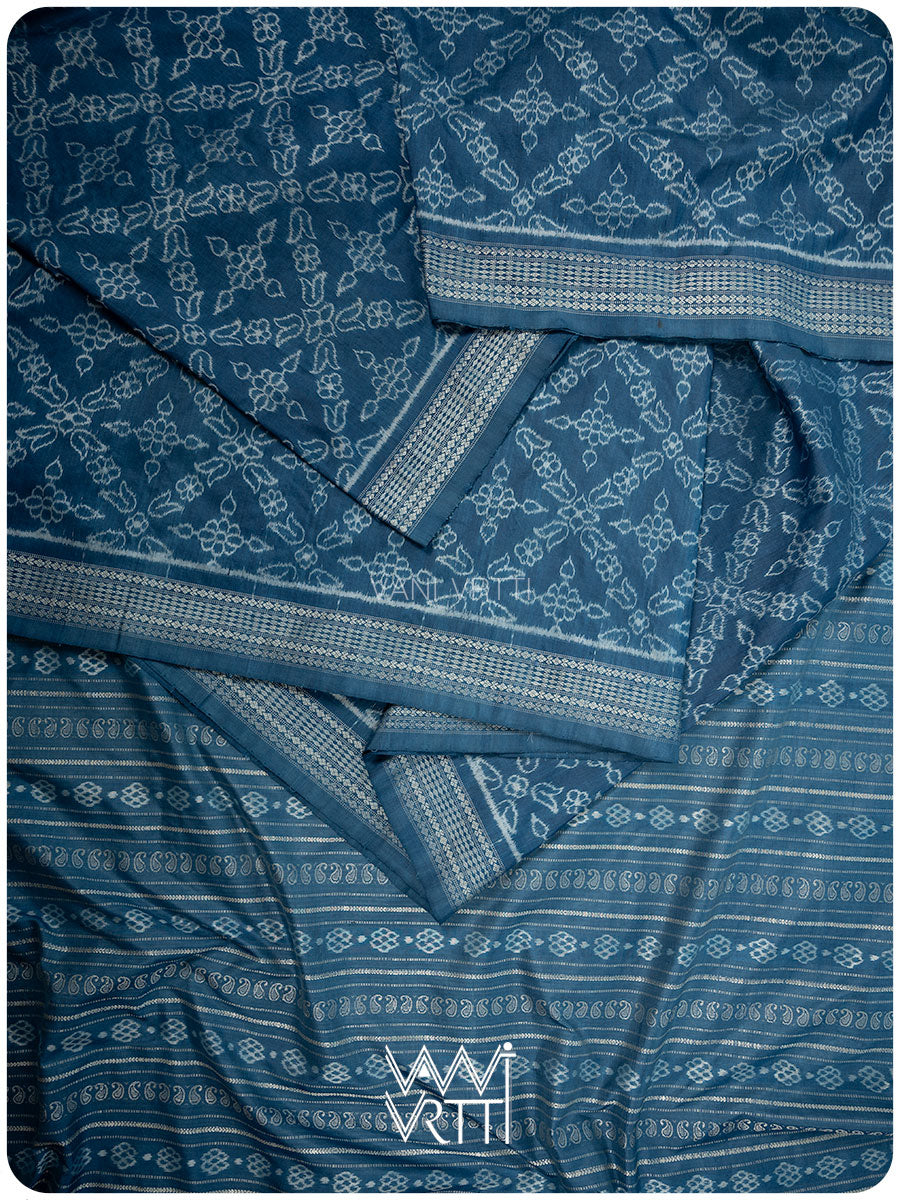 Indigo Phool Barfi Natural Dyed Mulberry Silk Ikat Saree
