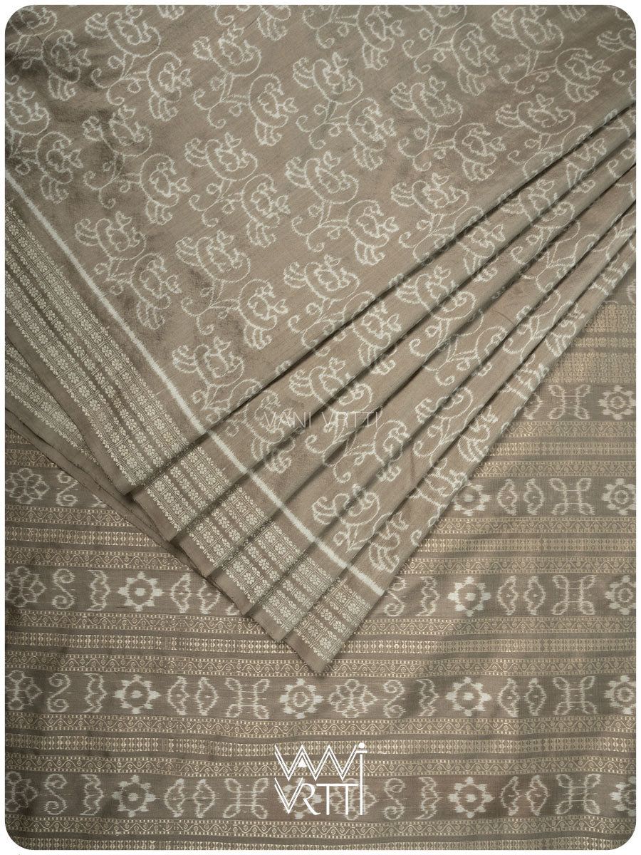 Grey Batak Butta Tea Leaf Natural Dyed Mulberry Silk Ikat Saree
