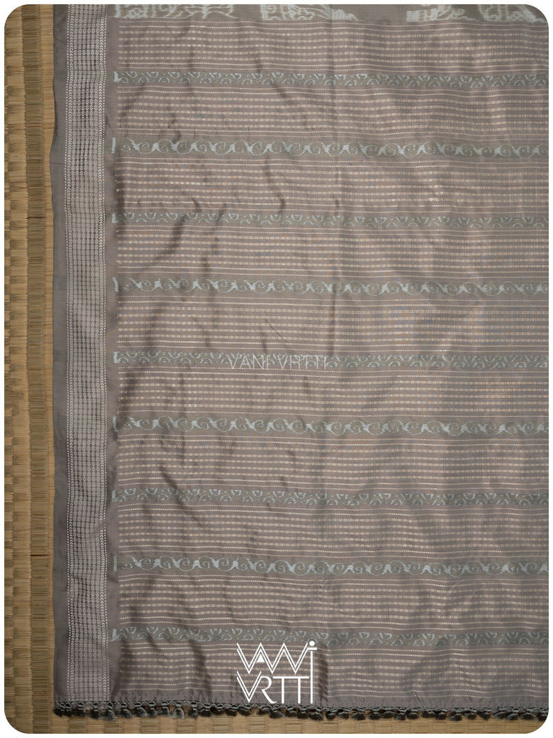 Grey Tulasi Chauda Tea Leaf Natural Dyed Mulberry Silk Ikat Saree