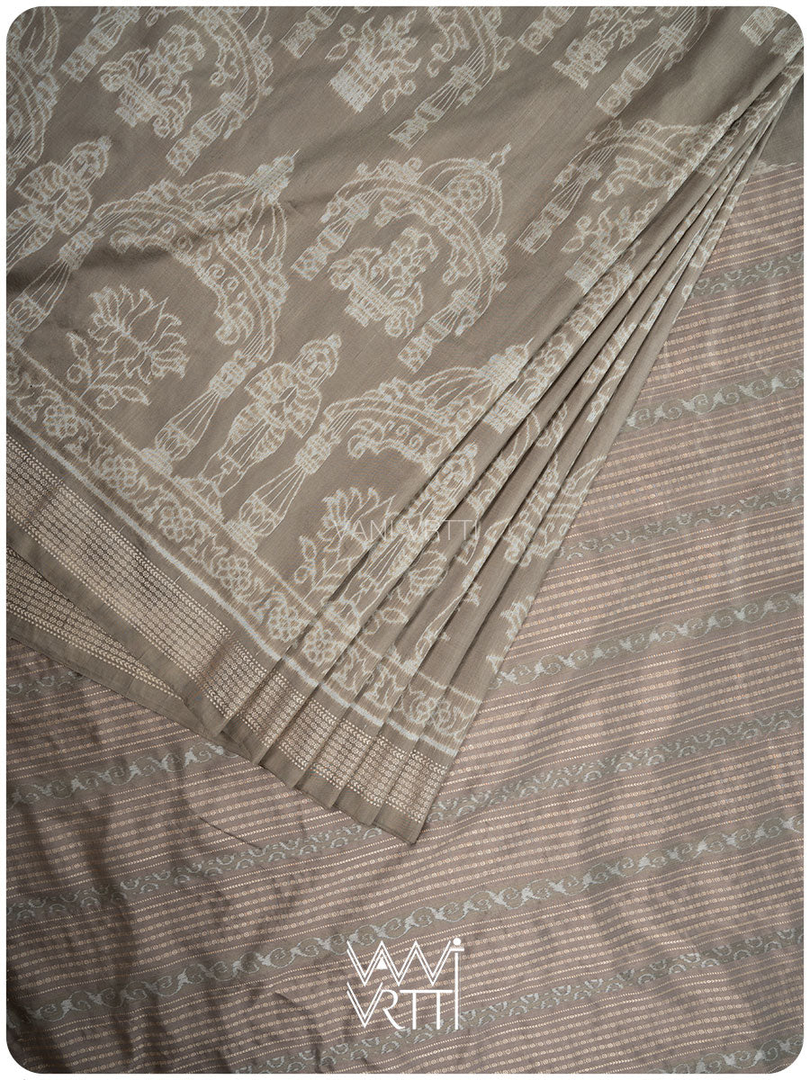 Grey Tulasi Chauda Tea Leaf Natural Dyed Mulberry Silk Ikat Saree
