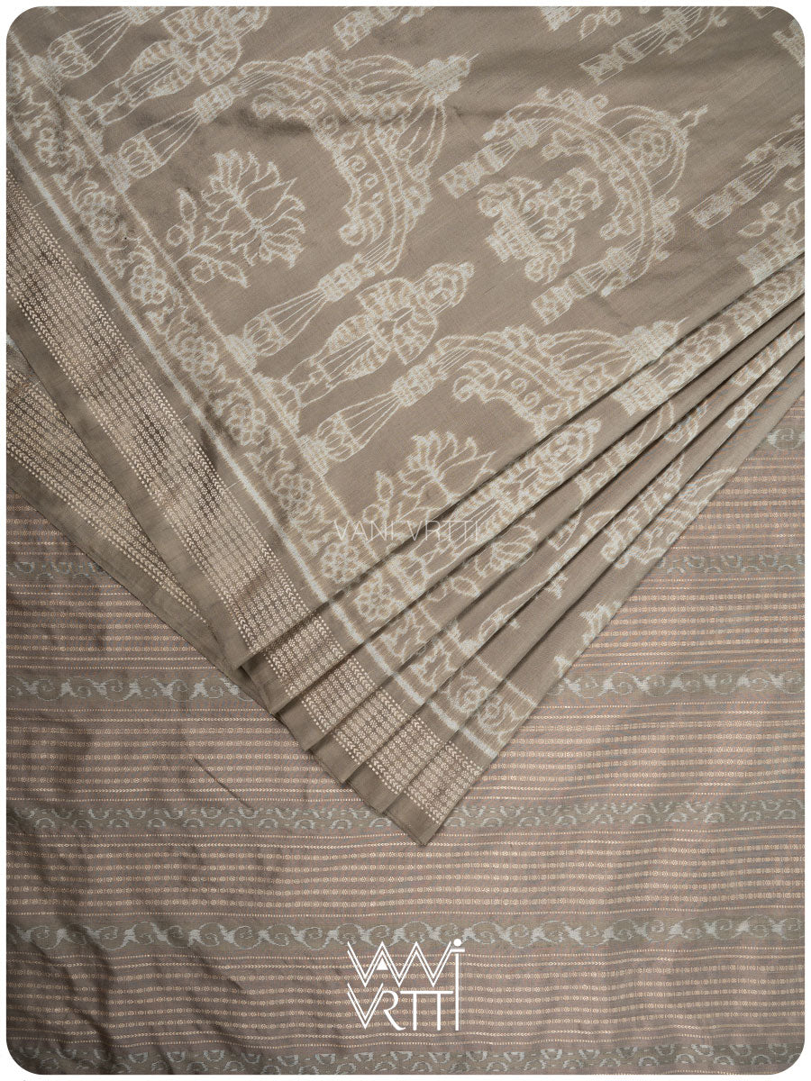Grey Tulasi Chauda Tea Leaf Natural Dyed Mulberry Silk Ikat Saree