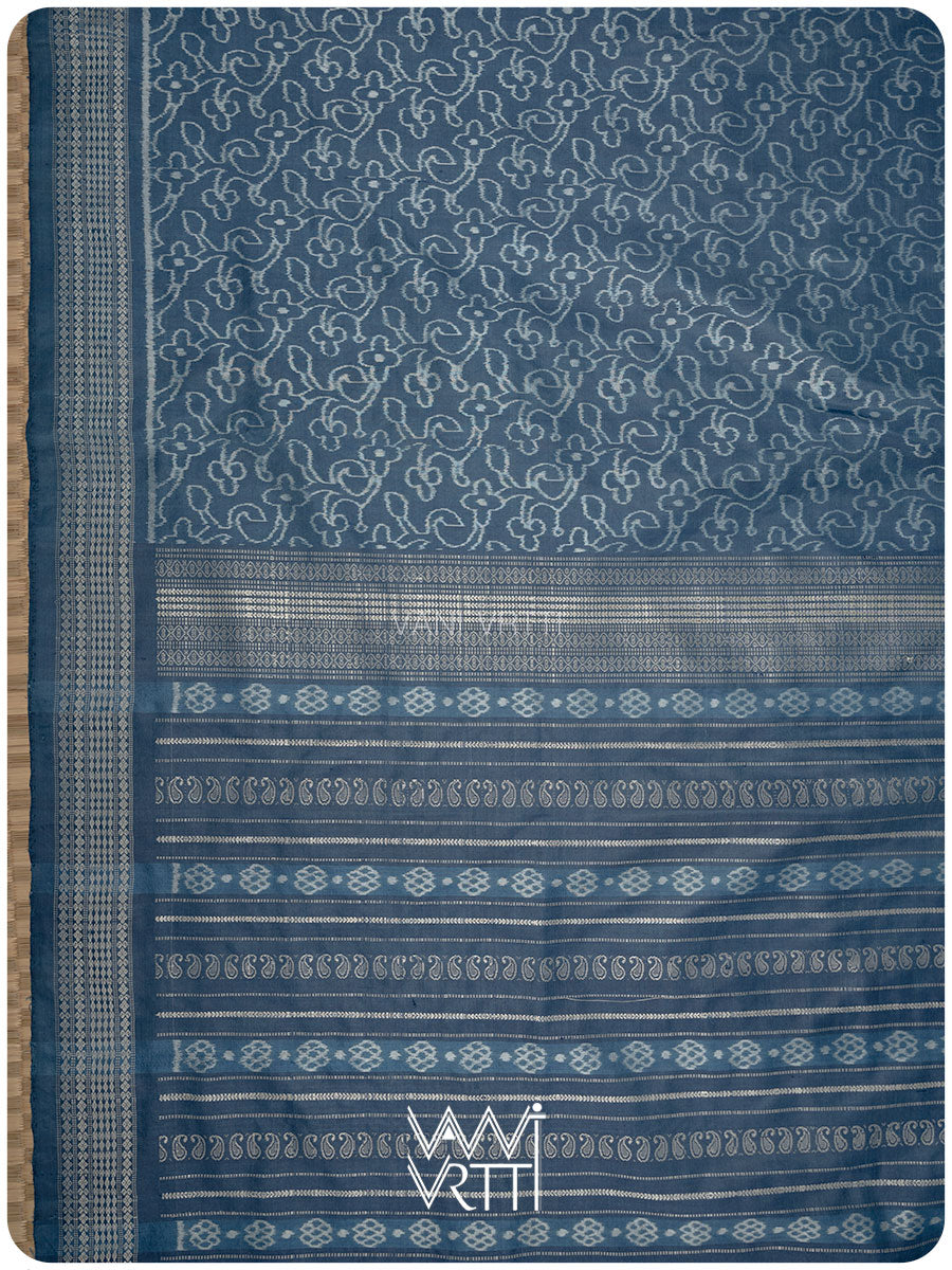 Indigo Barahamasi Phool Jaal Natural Dyed Mulberry Silk Ikat Saree