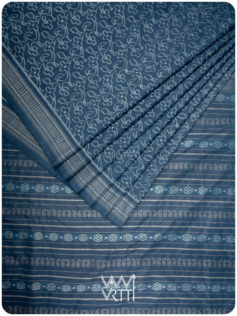 Indigo Barahamasi Phool Jaal Natural Dyed Mulberry Silk Ikat Saree