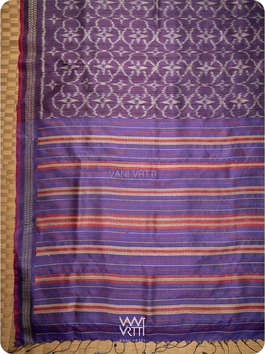 Purple Chrysanthemum Master Weave Designer Handspun Ikat Tussar Silk Sari