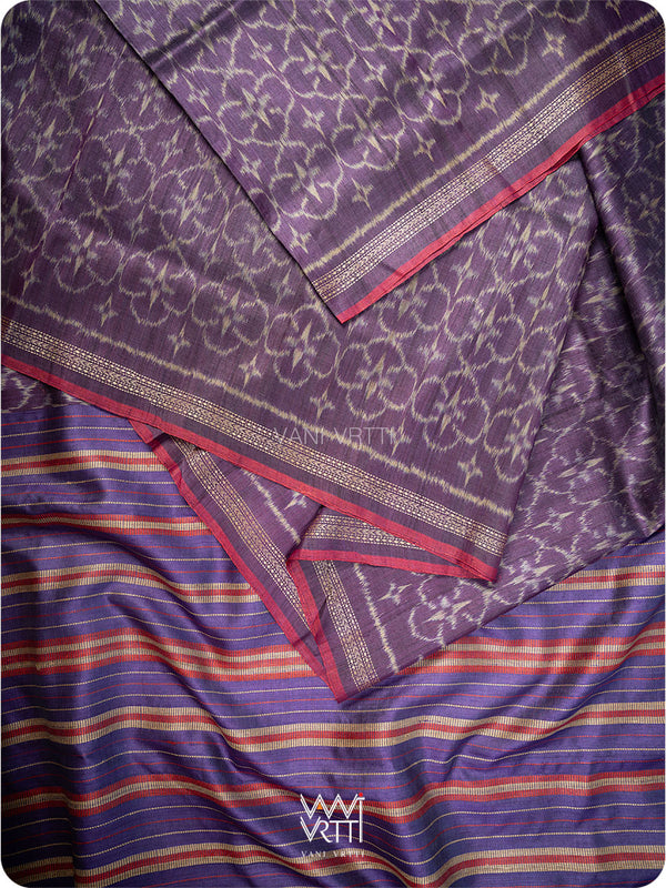 Purple Chrysanthemum Master Weave Designer Handspun Ikat Tussar Silk Sari