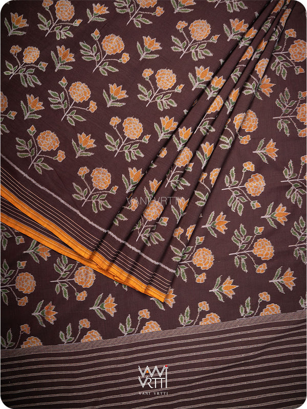 Deep Chocolate Brown Marigold Lily Cotton Ikat Saree