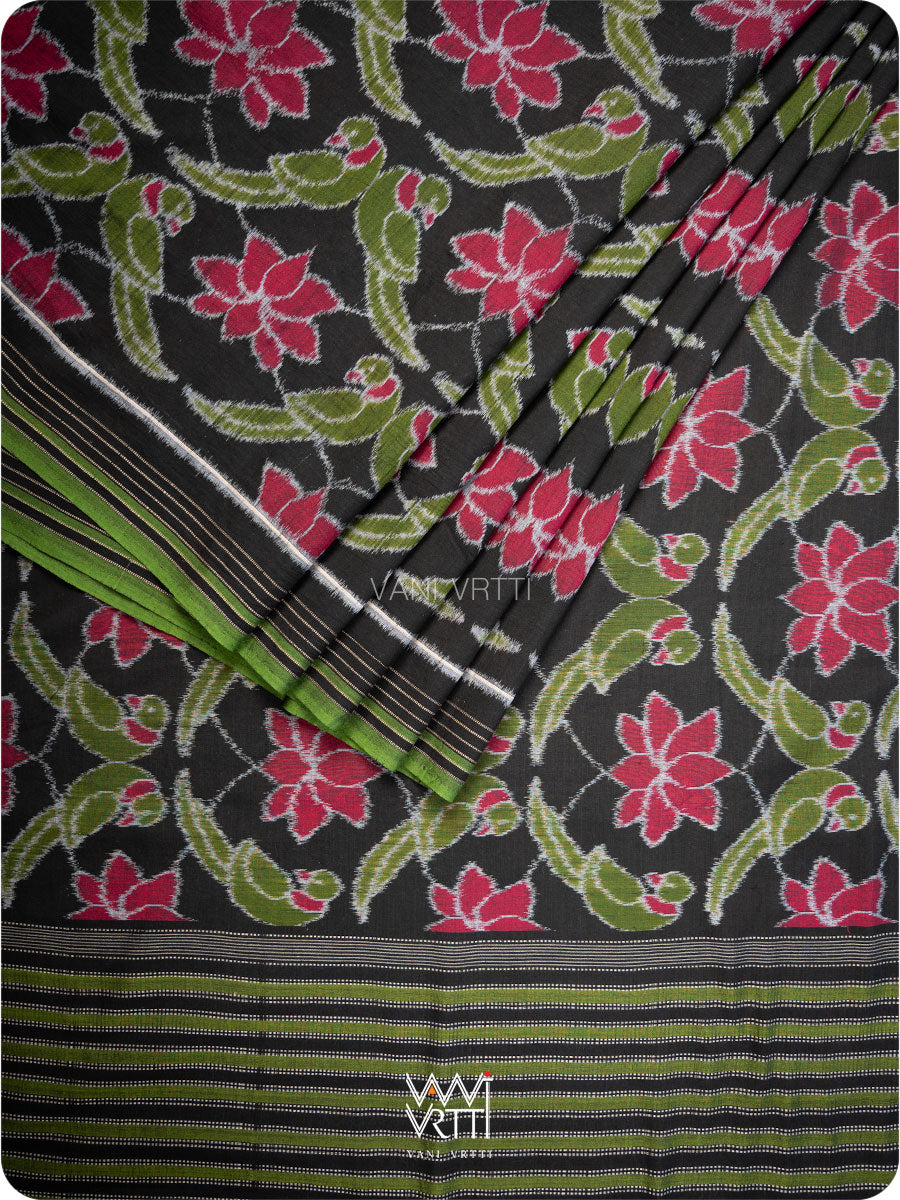 Black Lotus Parrot Fine Cotton Ikat Saree