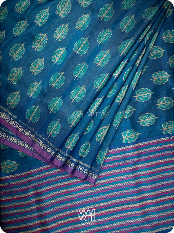 Royal Blue Peepal Ikat Handspun Tussar Silk Sari