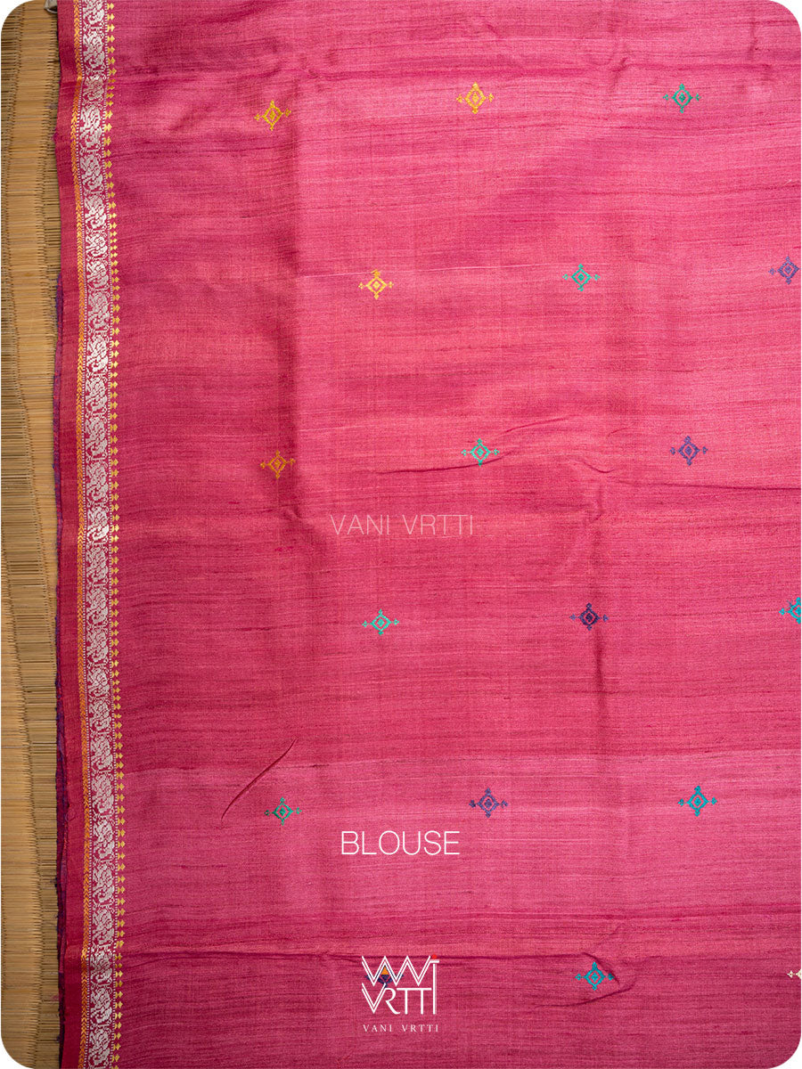 Pink Blouse piece in handspun tussar silk, matched to mango yellow Konark saree