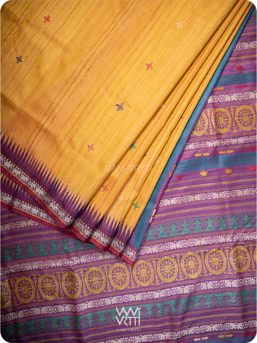 Mango yellow handspun tussar silk saree with Konark motifs and Airavata border