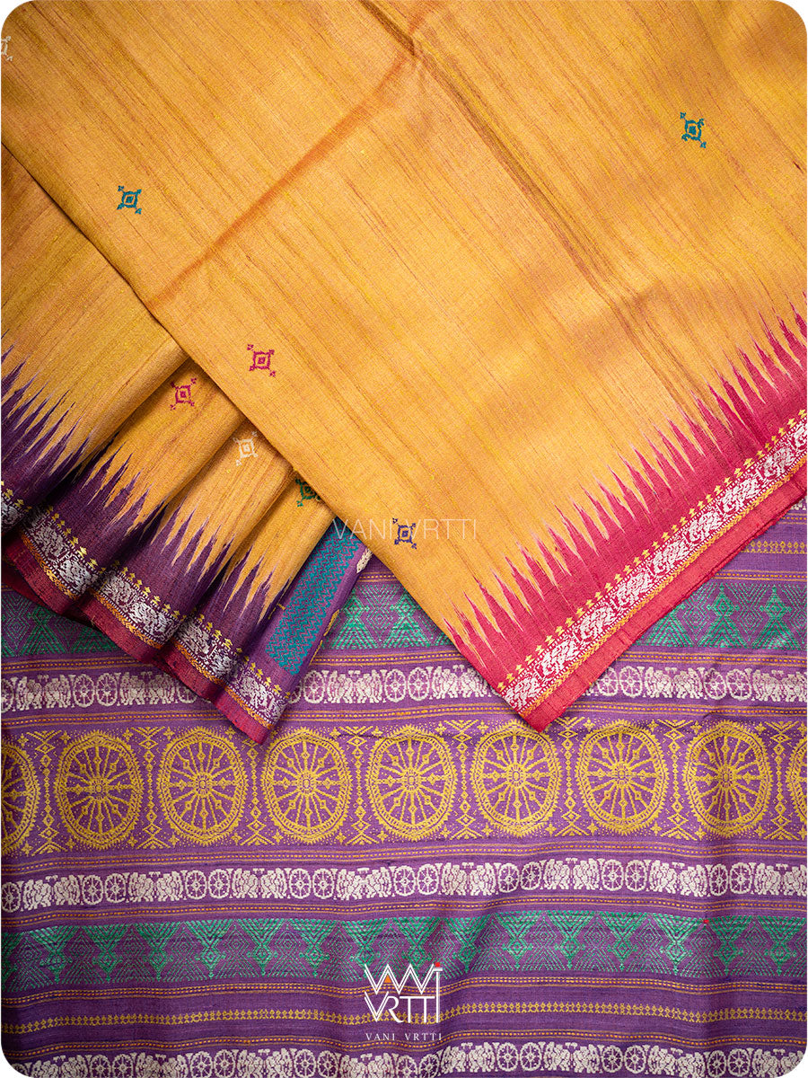 Folded handspun tussar silk saree with Konark Sun Temple-inspired motifs and Airavata border