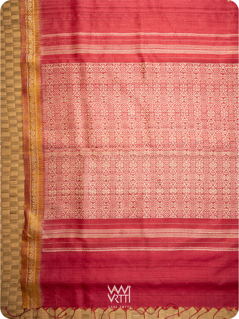 Watermelon Red Mustard Madhumalati Handspun Tussar Silk Saree