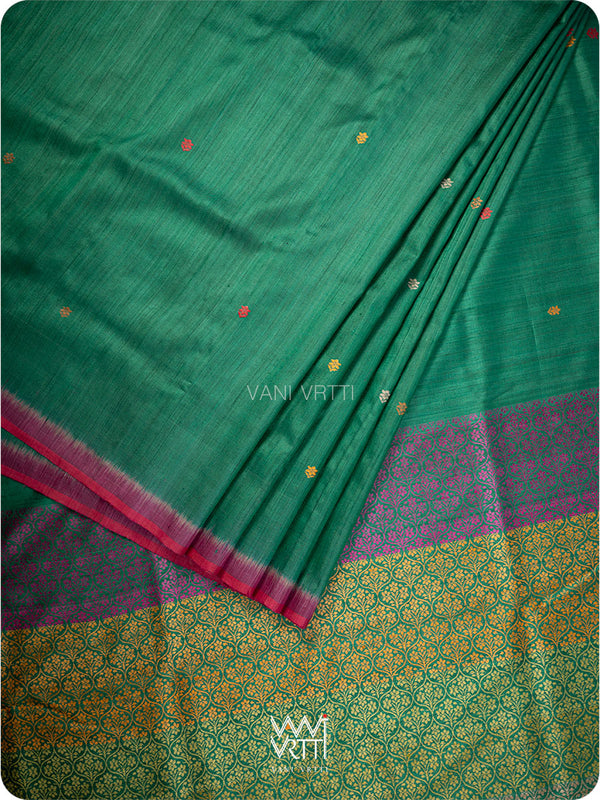 Emerald Green Parijat Jaal Handspun Tussar Silk Saree