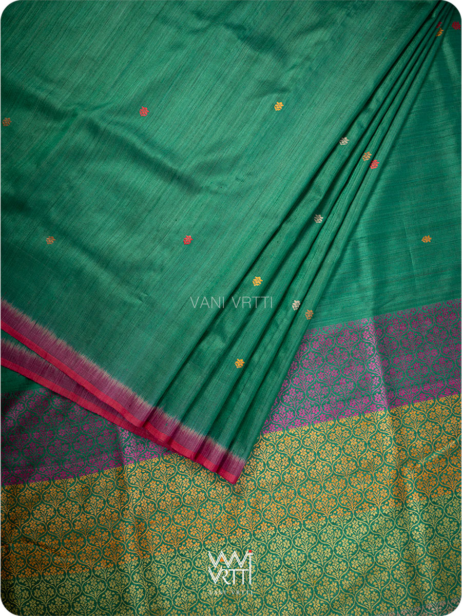 Emerald Green Parijat Jaal Handspun Tussar Silk Saree