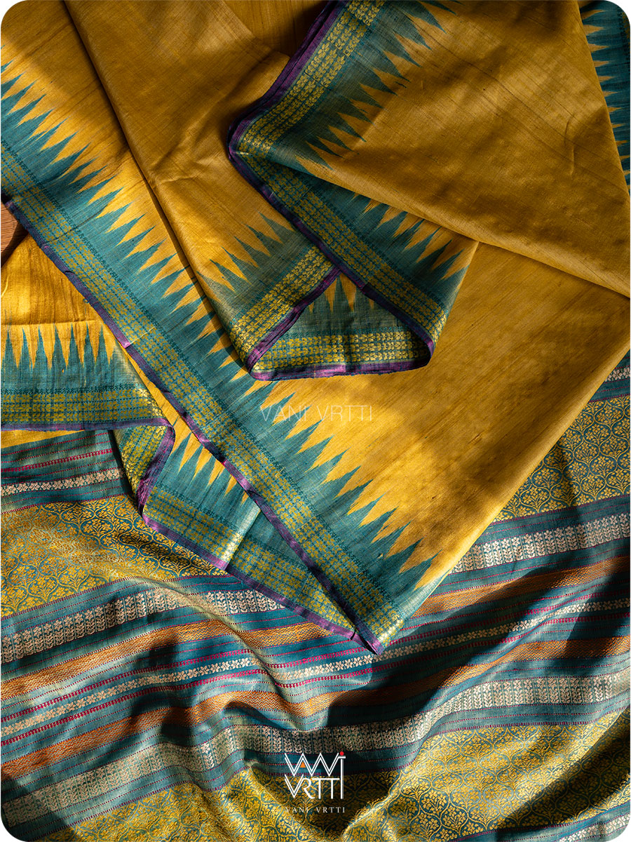 Banana Yellow Firozi Parijat Handspun Tussar Silk Saree