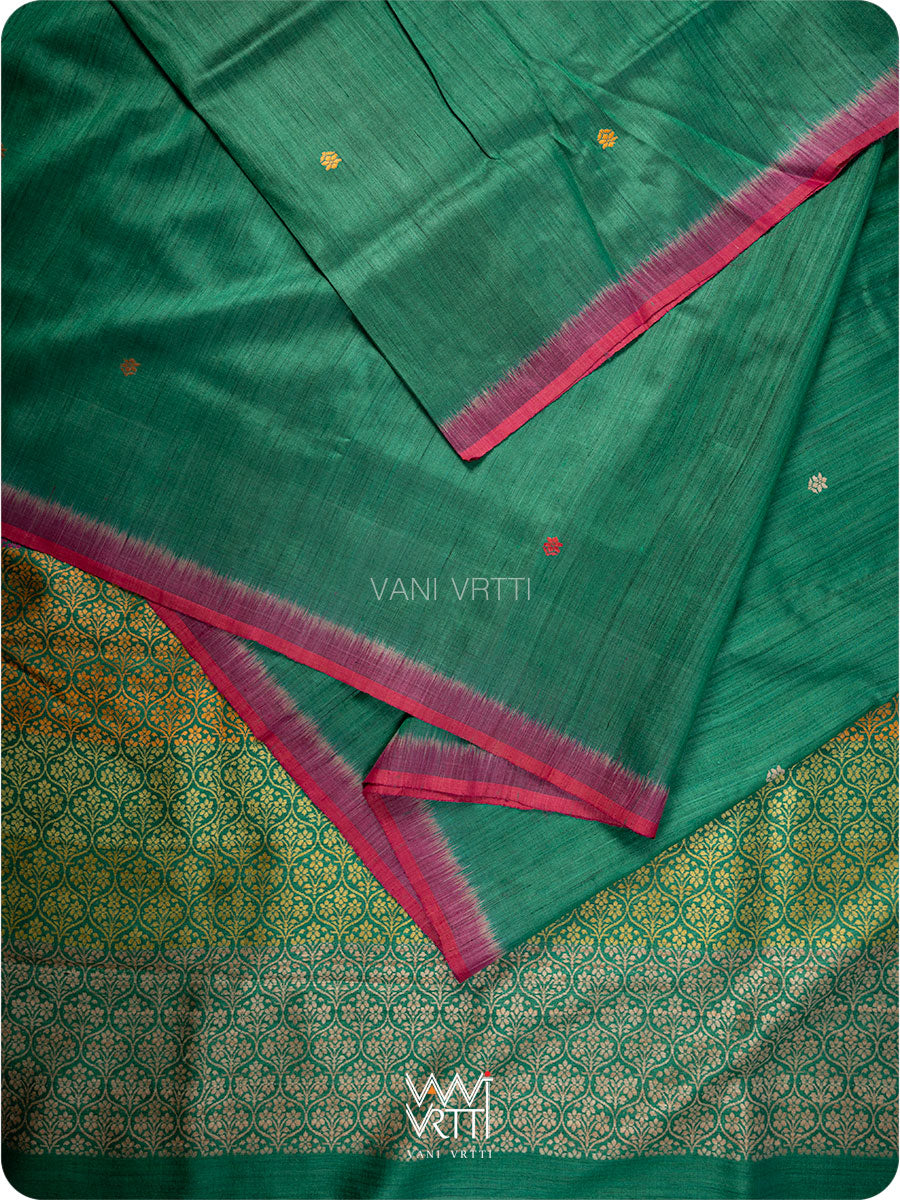 Emerald Green Parijat Jaal Handspun Tussar Silk Saree