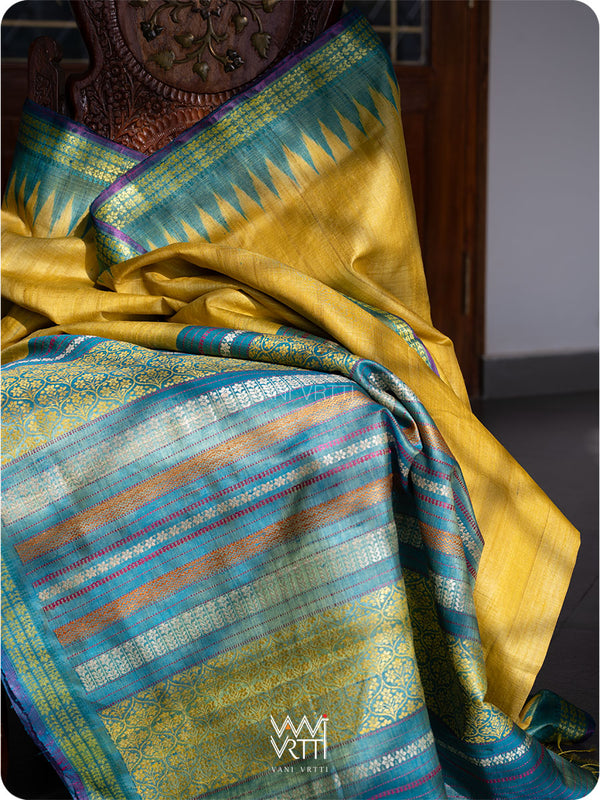 Banana Yellow Firozi Parijat Handspun Tussar Silk Saree
