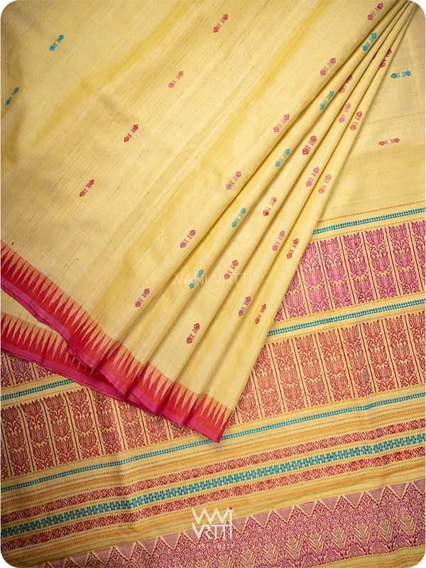 Pastel Yellow Red Pink Ganga Jamuna Ananta Handspun Tussar Silk Saree