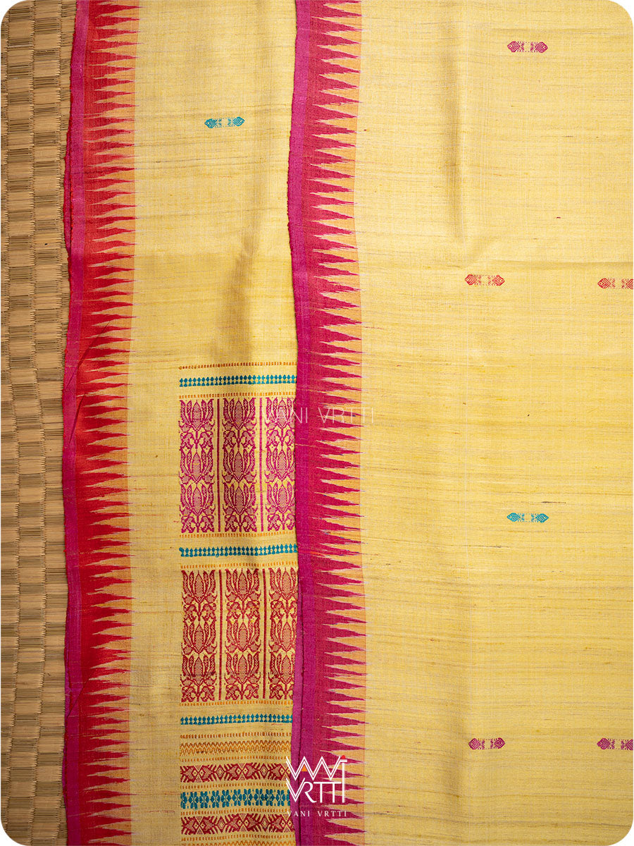 Pastel Yellow Red Pink Ganga Jamuna Ananta Handspun Tussar Silk Saree