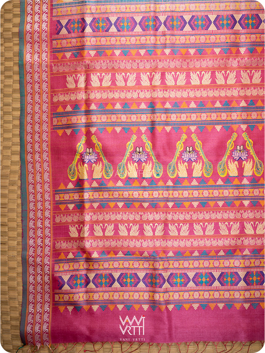 Off White Pink Yellow Veena Pani Lata Master Weave Exclusive Handspun Tussar Silk Sari