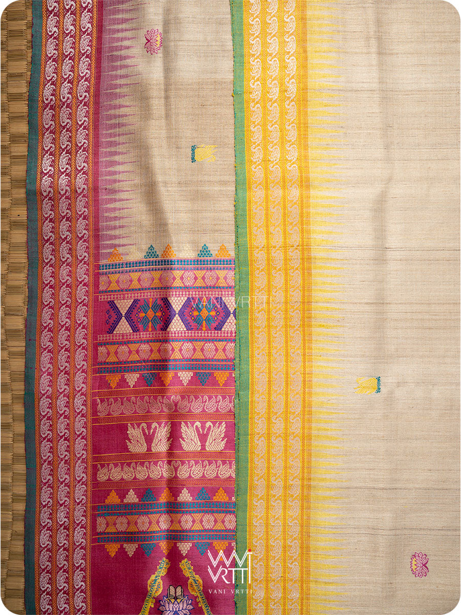 Off White Pink Yellow Veena Pani Lata Master Weave Exclusive Handspun Tussar Silk Sari