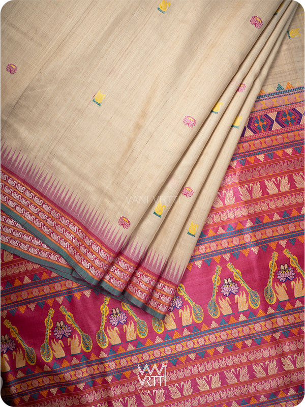 Off White Pink Yellow Veena Pani Lata Master Weave Exclusive Handspun Tussar Silk Sari