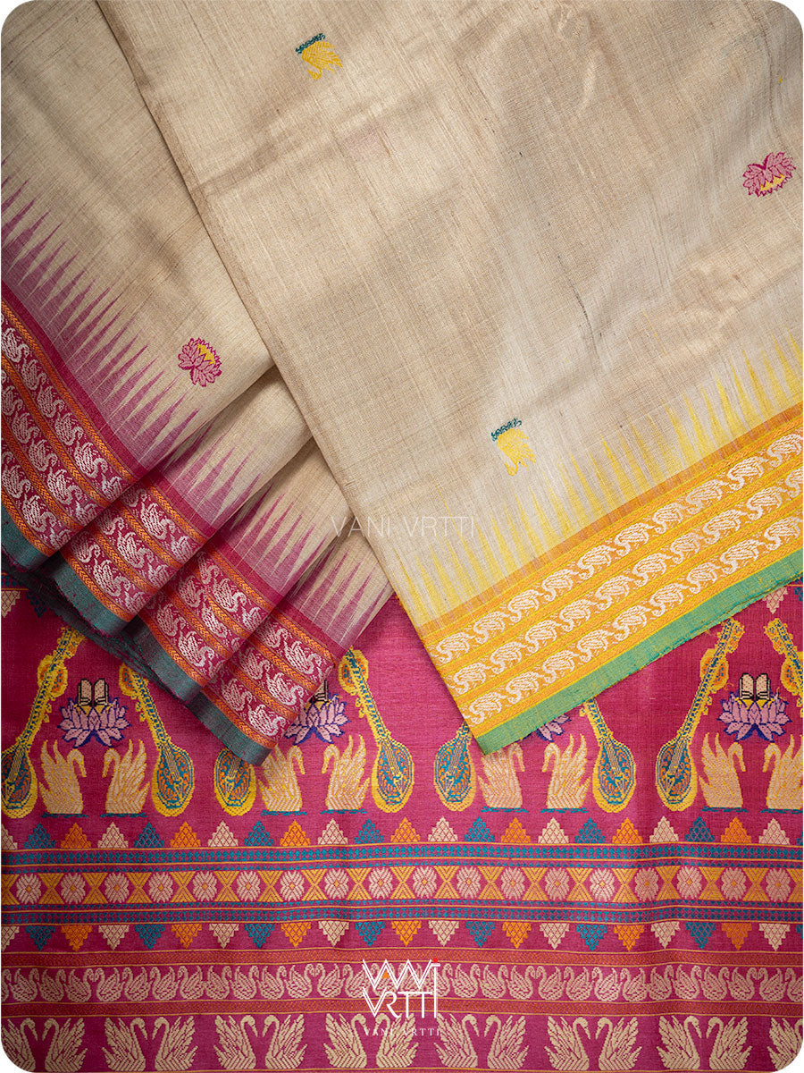 Off White Pink Yellow Veena Pani Lata Master Weave Exclusive Handspun Tussar Silk Sari