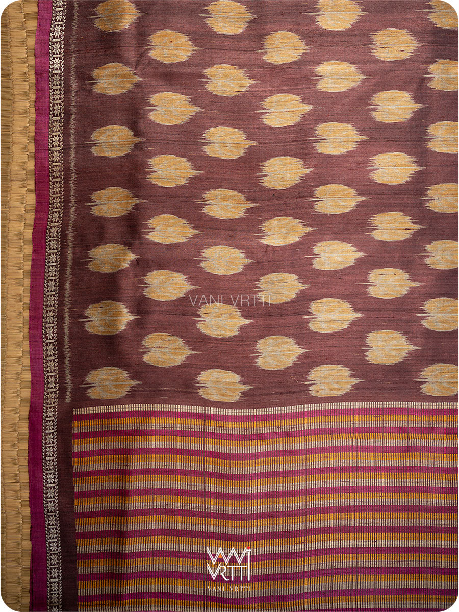 Coffee Brown Mustard Peepal Ikat Handspun Tussar Silk Saree