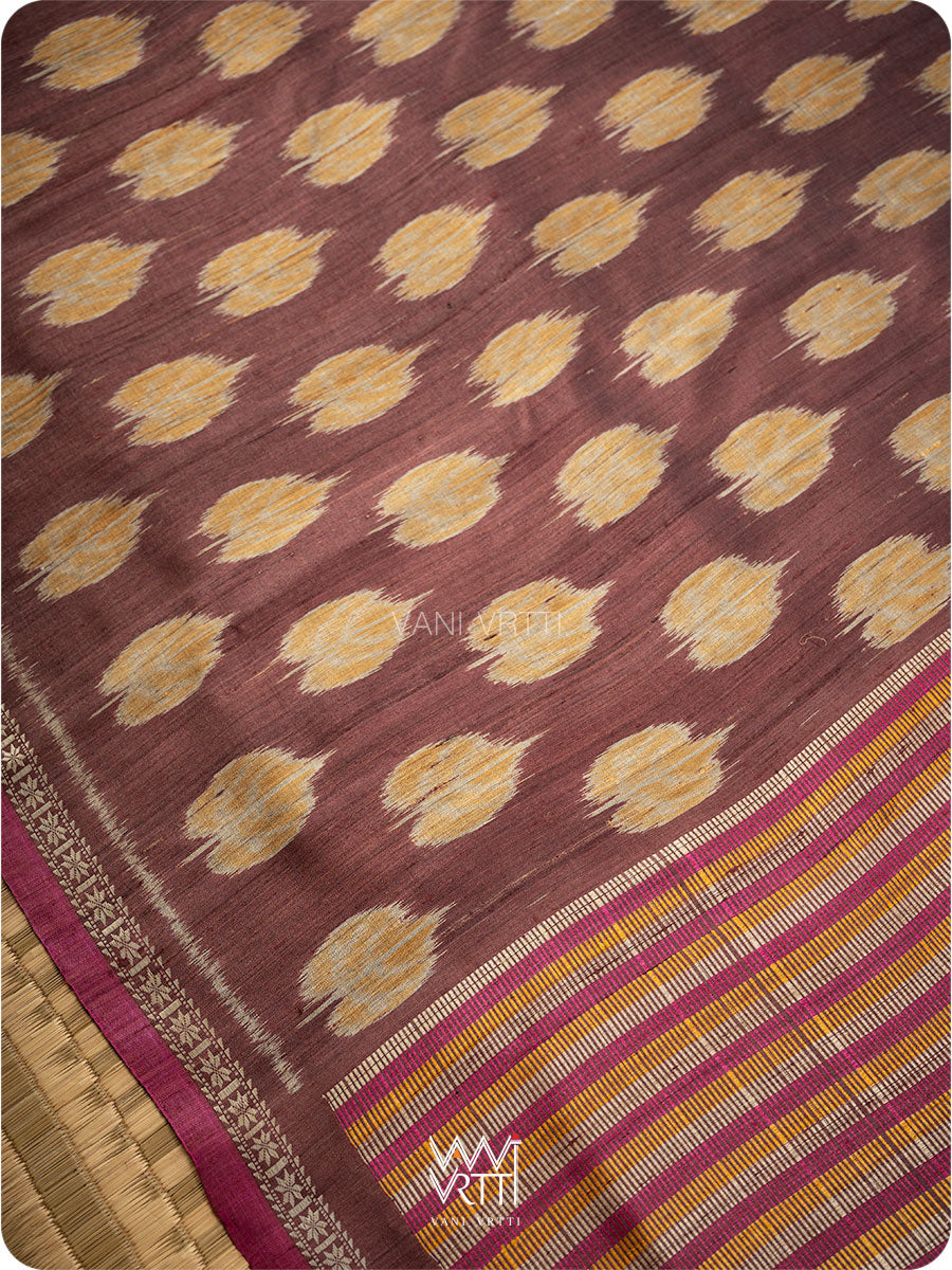 Coffee Brown Mustard Peepal Ikat Handspun Tussar Silk Saree