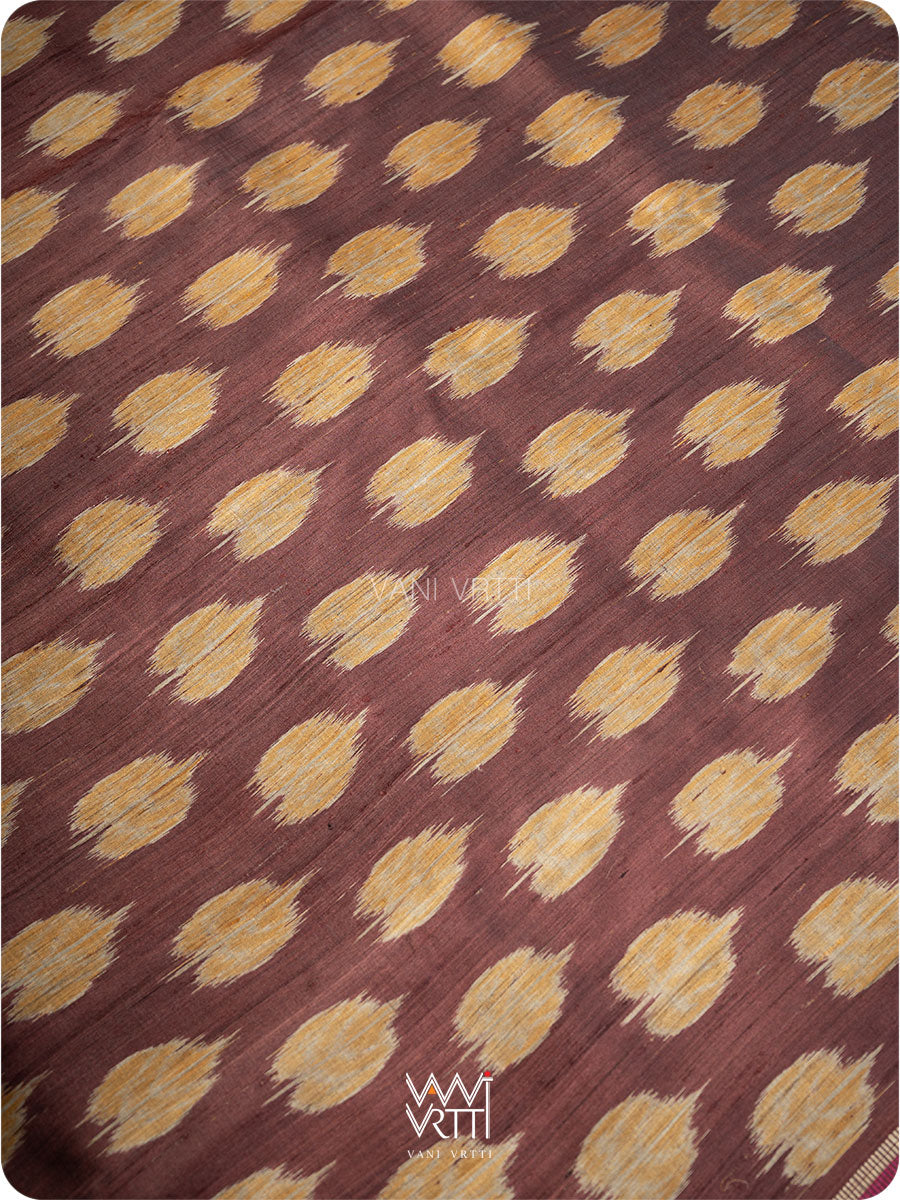 Coffee Brown Mustard Peepal Ikat Handspun Tussar Silk Saree