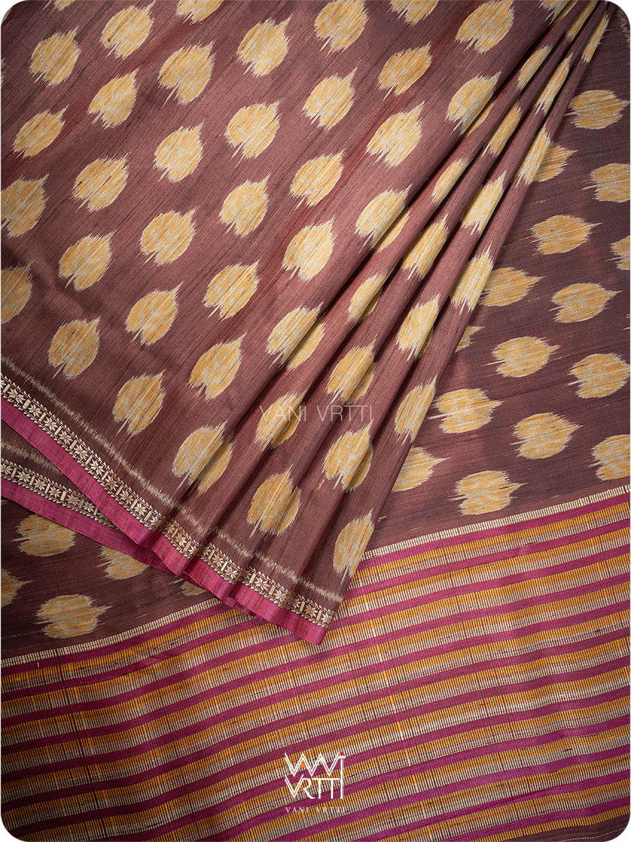 Coffee Brown Mustard Peepal Ikat Handspun Tussar Silk Saree