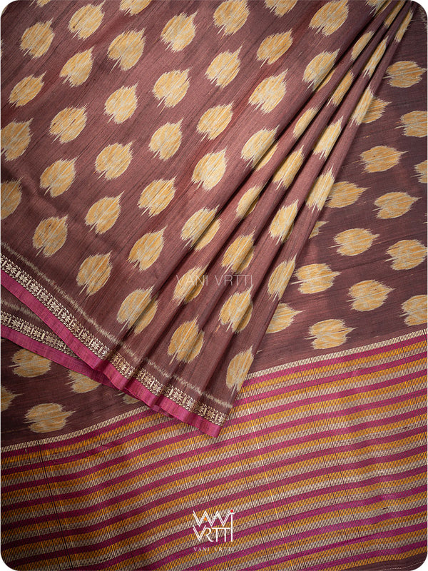 Coffee Brown Mustard Peepal Ikat Handspun Tussar Silk Saree