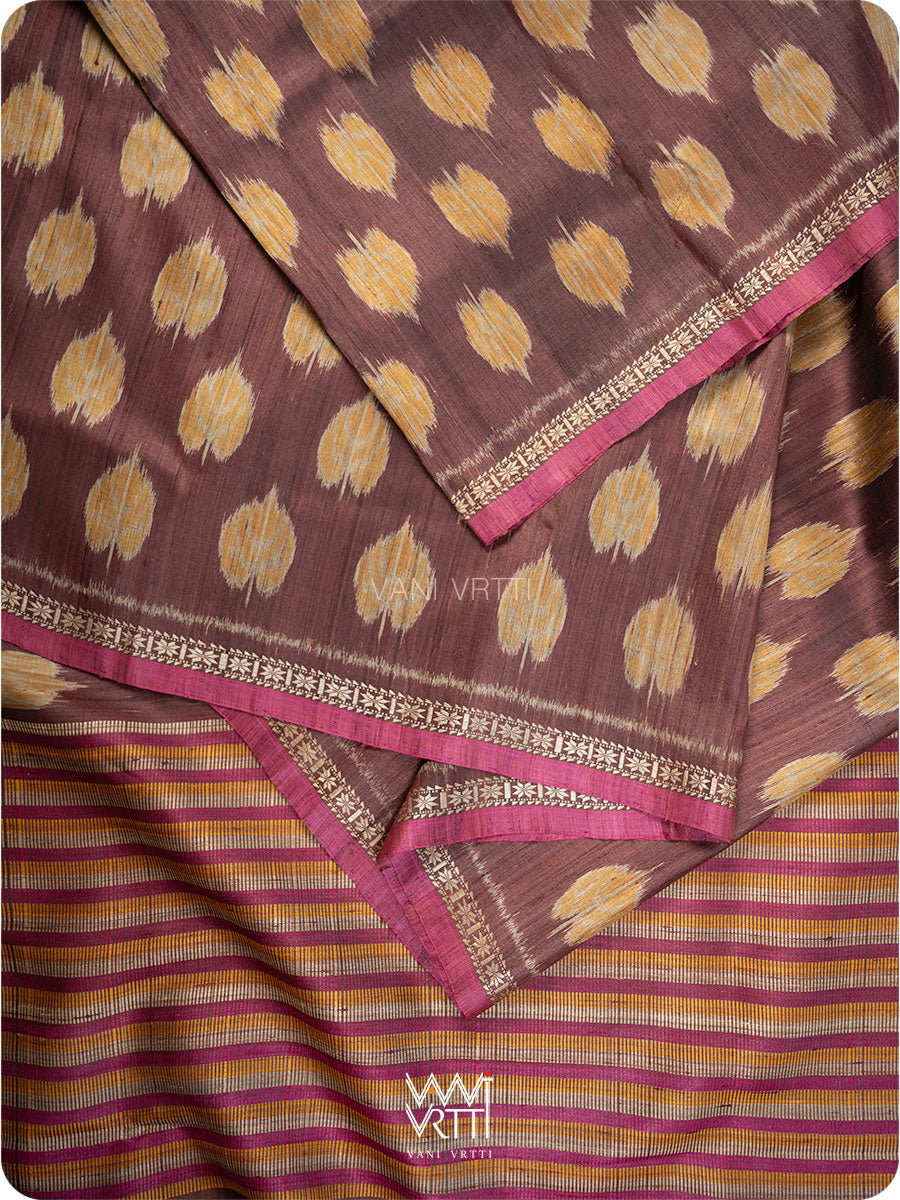 Coffee Brown Mustard Peepal Ikat Handspun Tussar Silk Saree