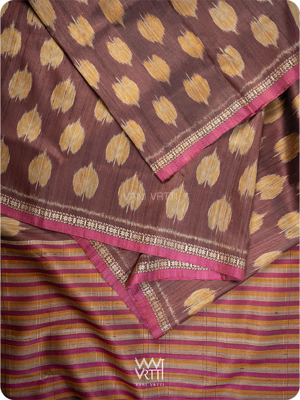 Coffee Brown Mustard Peepal Ikat Handspun Tussar Silk Saree