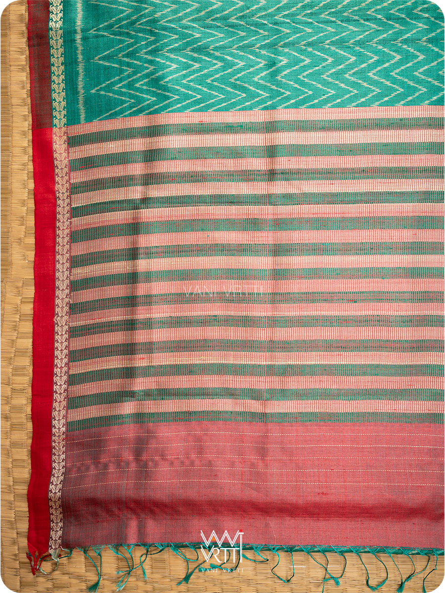 Sea Green Aziz Ikat Handspun Tussar Silk Saree