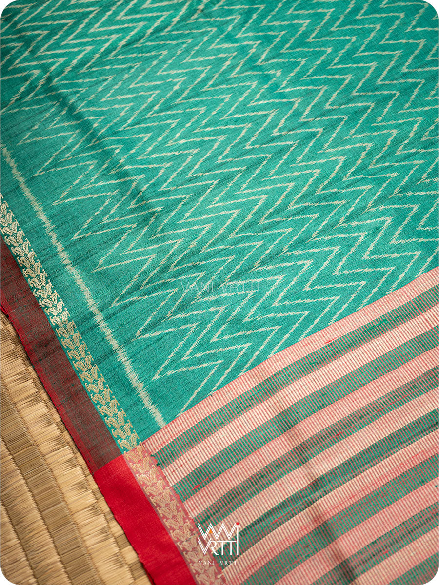 Sea Green Aziz Ikat Handspun Tussar Silk Saree