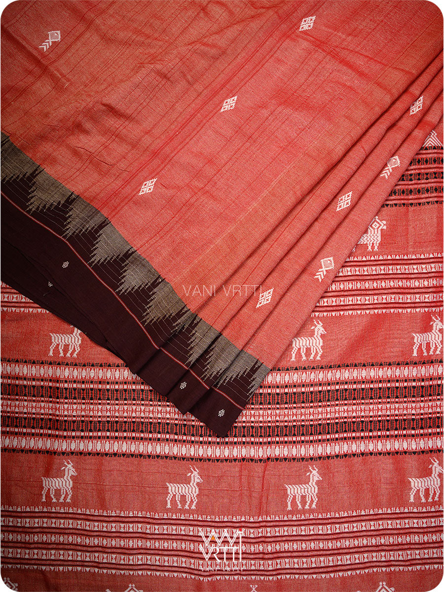 Kumkum Red Deep Coffee Singha Fine Tussar Masterweave Kotpad Saree