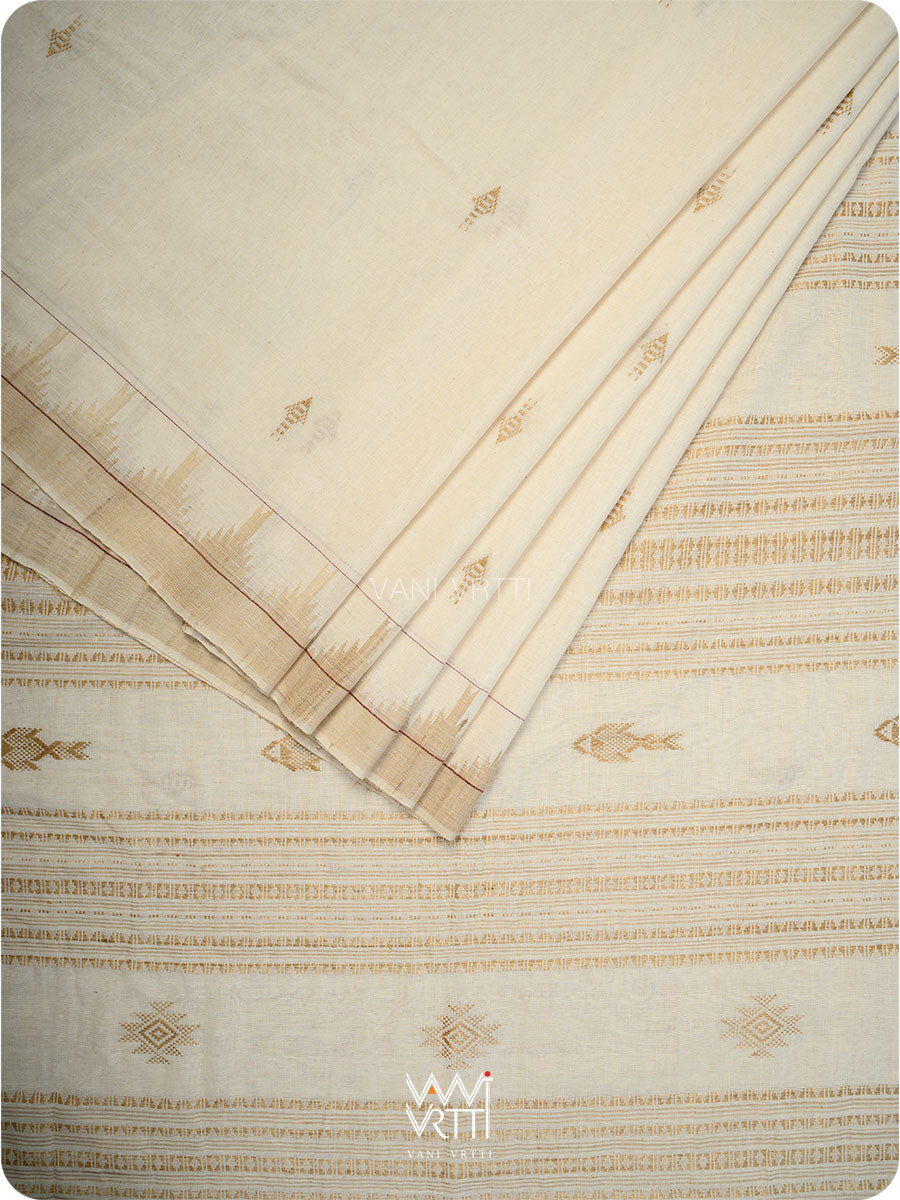 Off White Fine Tussar Fish Masterweave Kotpad Saree