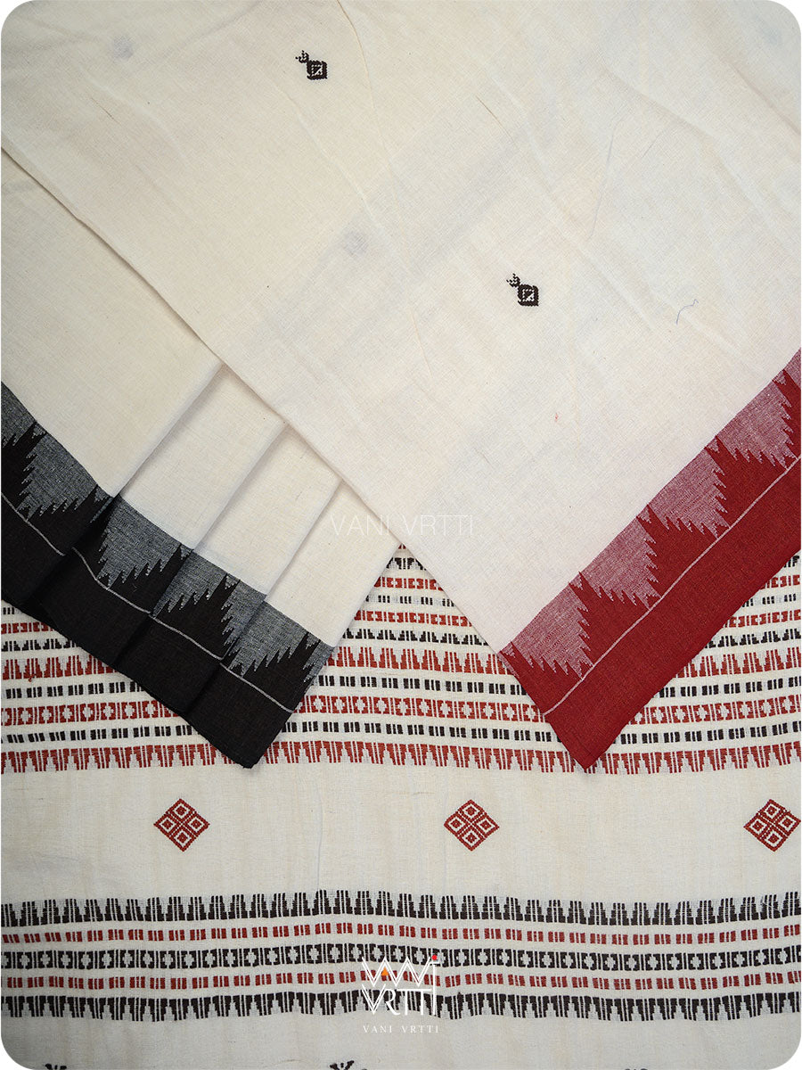 Off White Madder Black Diamond Fish Kotpad Saree