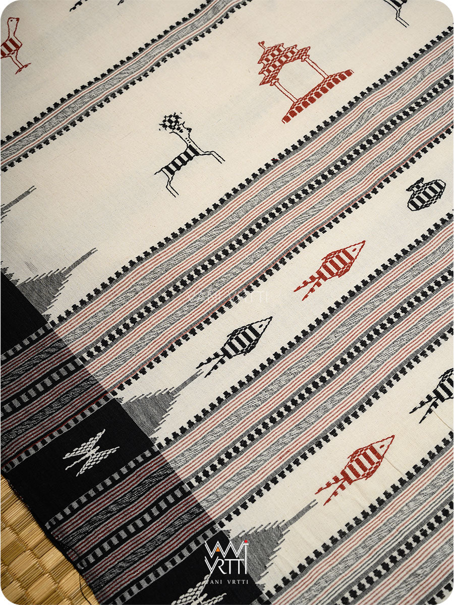 Off White Madder Black Tribal Masterweave Kotpad Saree
