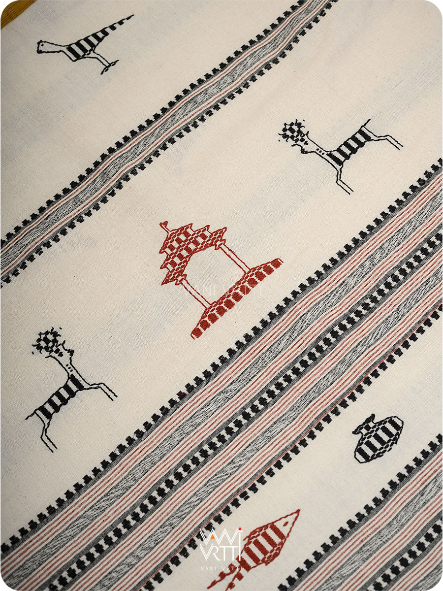 Off White Madder Black Tribal Masterweave Kotpad Saree