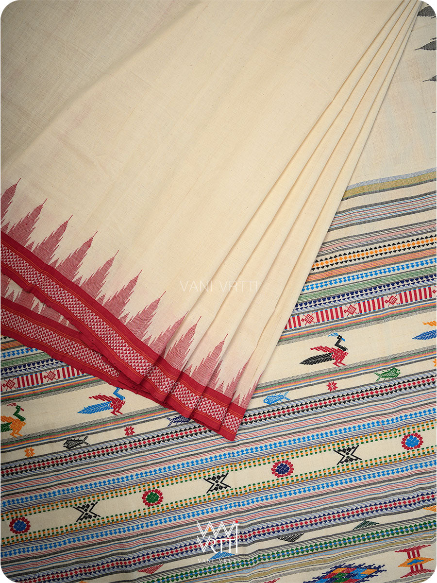 Off White Cotton Bomkai Saree