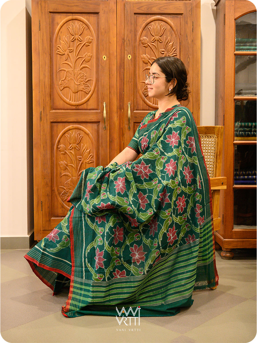 Deep Bottle Green Lotus Parrot Fine Cotton Ikat Saree