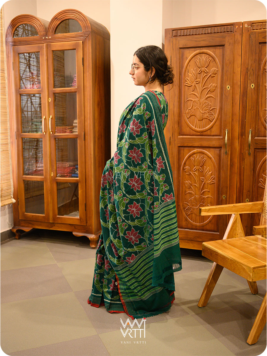 Deep Bottle Green Lotus Parrot Fine Cotton Ikat Saree