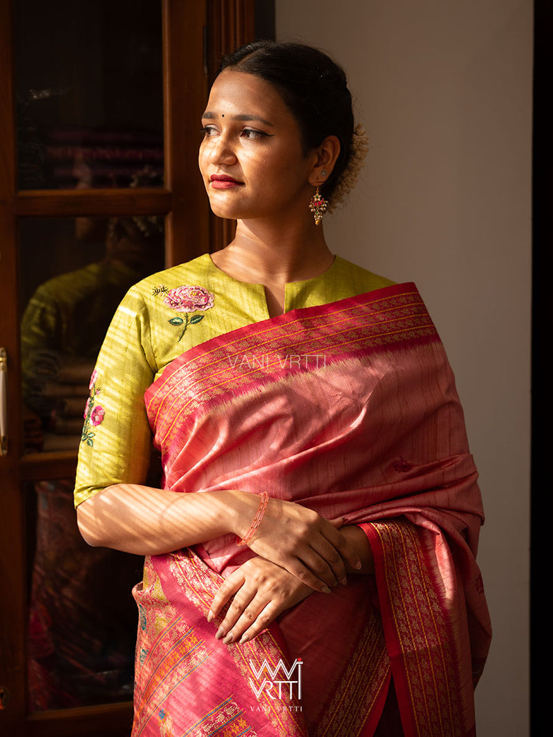 Banana Leaf Green Rose Flower And Bees Embroidery Tussar Silk Blouse
