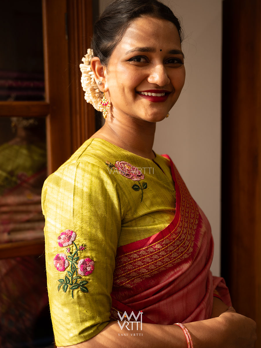 Banana Leaf Green Rose Flower And Bees Embroidery Tussar Silk Blouse