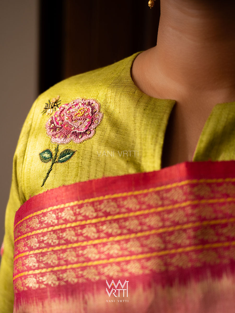 Banana Leaf Green Rose Flower And Bees Embroidery Tussar Silk Blouse