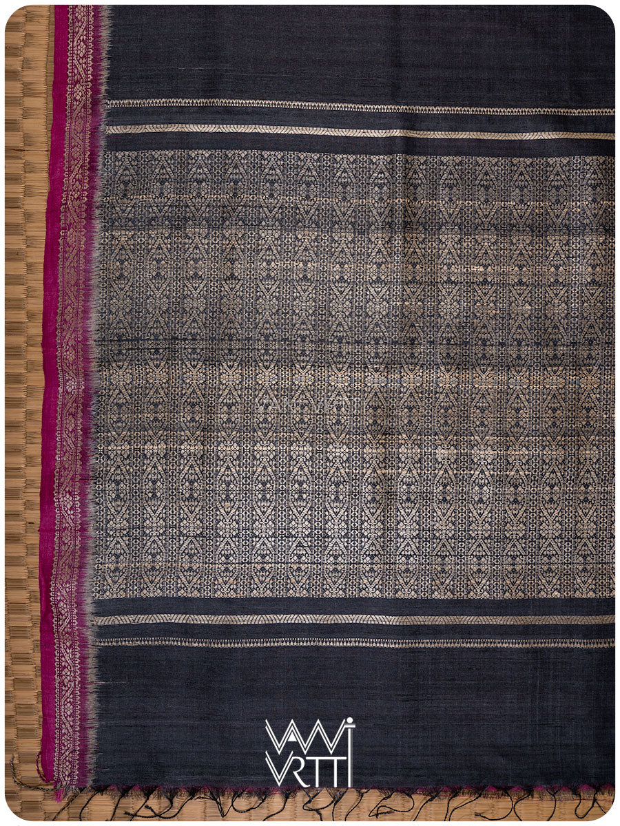 Black Madhumalati Handspun Tussar Silk Sari