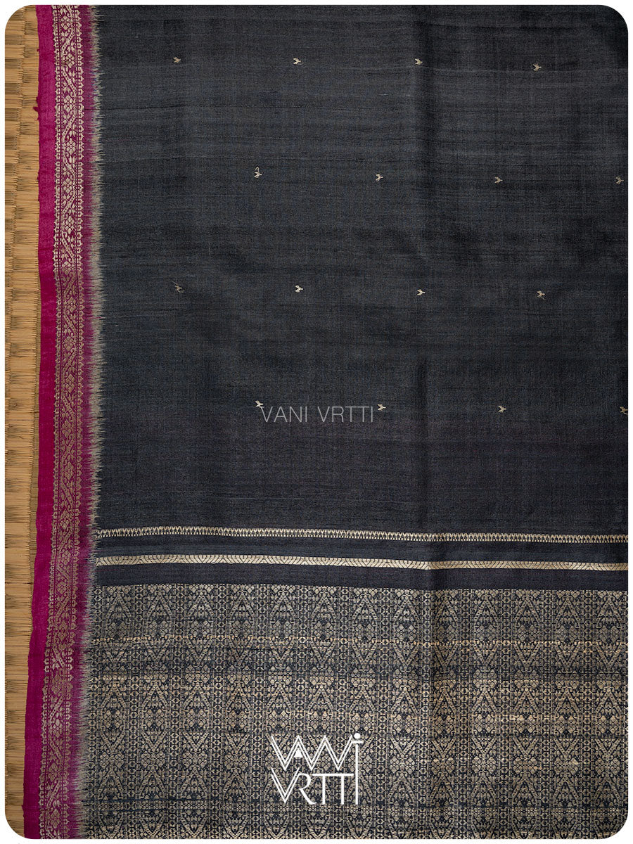 Black Madhumalati Handspun Tussar Silk Sari